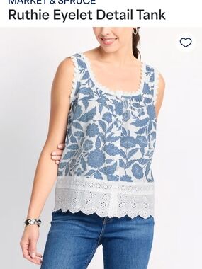 Market & Spruce Blue Floral Eyelet Trim Tank